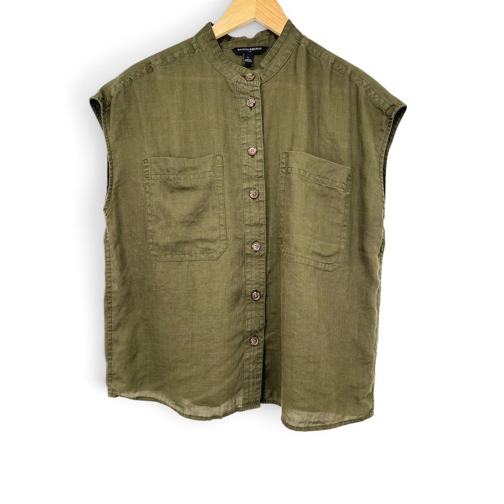 Banana Republic Womens Large Olive Green Linen Blend Sleeveless Button Down Top